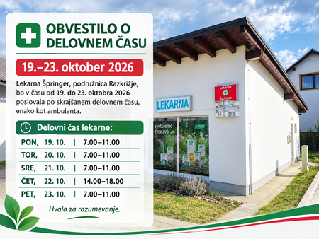 Obvestilo o delovnem času lekarne oktober
